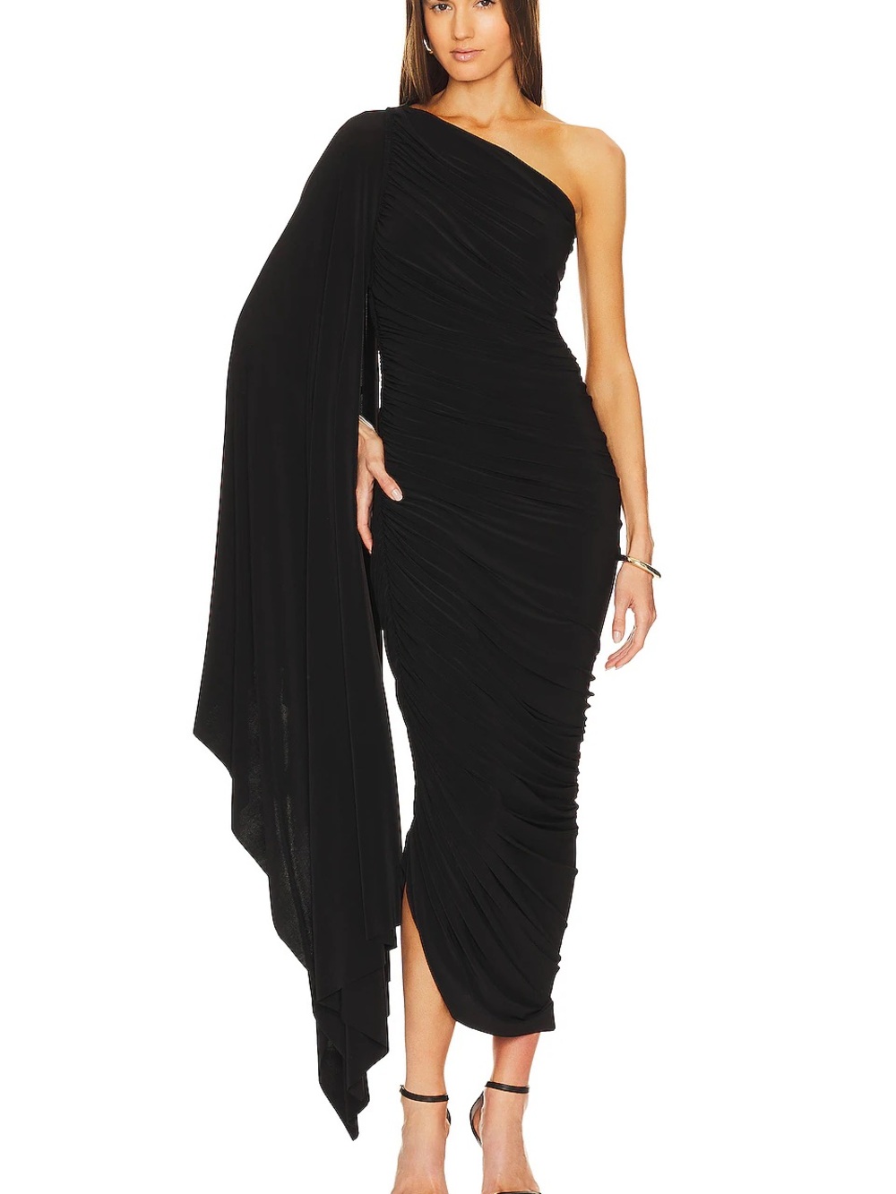 Norma Kamali One-Shoulder Black Ruched Midi Dress with Dramatic Draped Sleeve